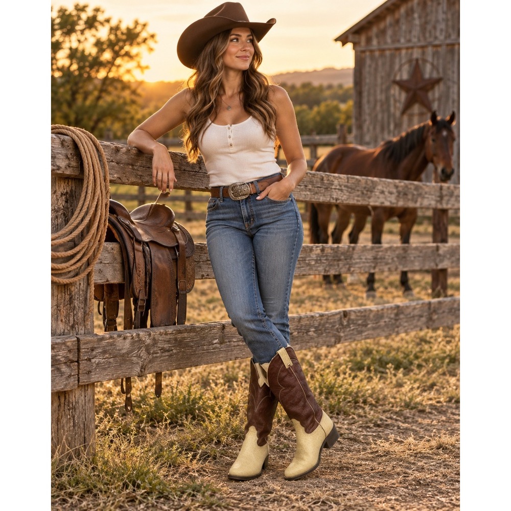Nocona Vtg Womens 9.5 Western Boots Two Tone Leather Brown Cream Cowgirl